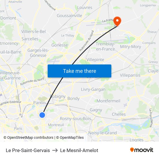 Le Pre-Saint-Gervais to Le Mesnil-Amelot map