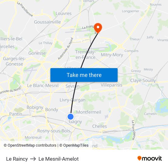 Le Raincy to Le Mesnil-Amelot map