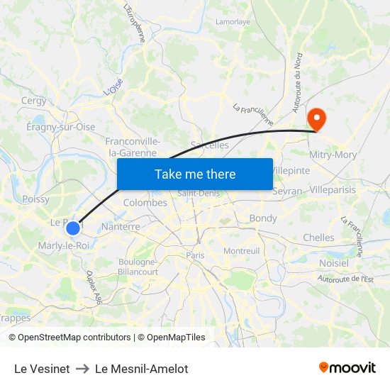 Le Vesinet to Le Mesnil-Amelot map