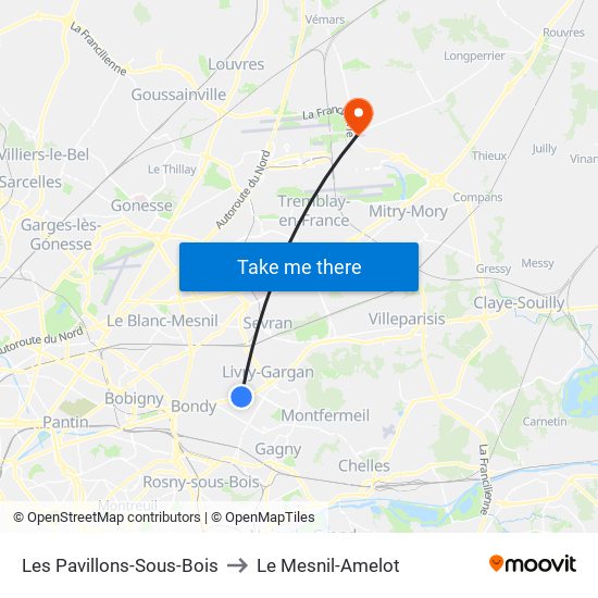 Les Pavillons-Sous-Bois to Le Mesnil-Amelot map