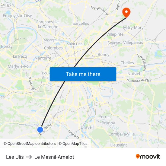 Les Ulis to Le Mesnil-Amelot map