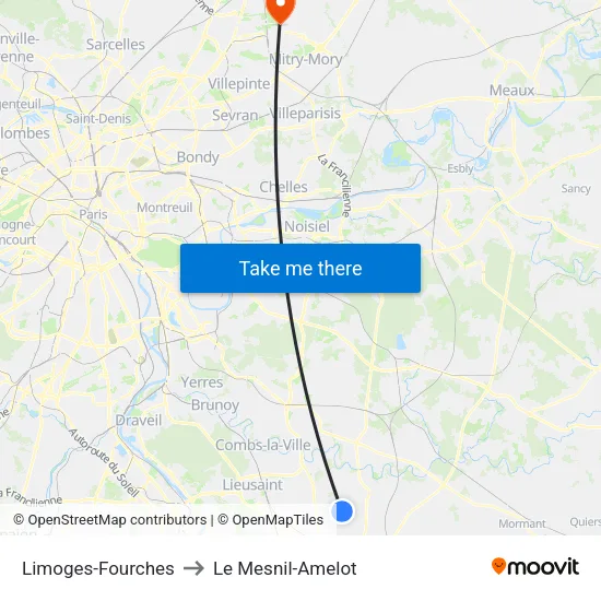 Limoges-Fourches to Le Mesnil-Amelot map