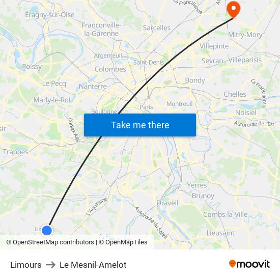 Limours to Le Mesnil-Amelot map