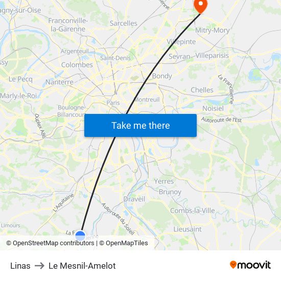 Linas to Le Mesnil-Amelot map