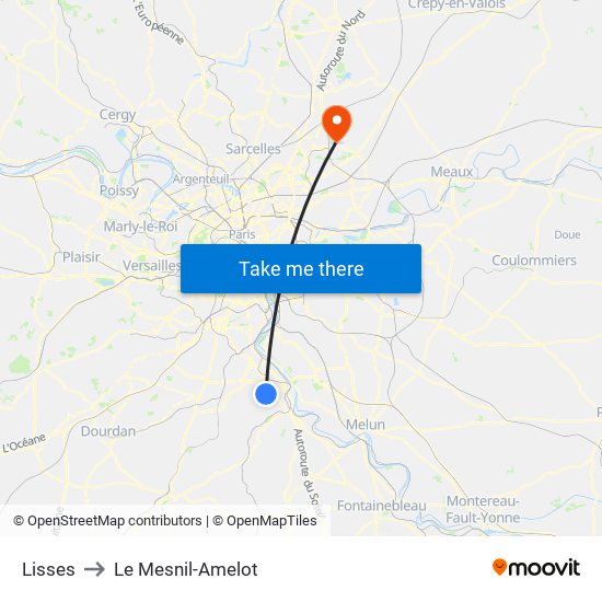 Lisses to Le Mesnil-Amelot map