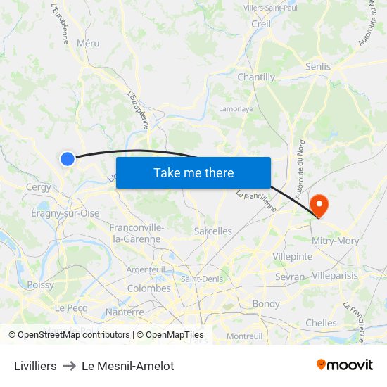 Livilliers to Le Mesnil-Amelot map