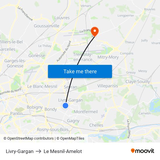 Livry-Gargan to Le Mesnil-Amelot map