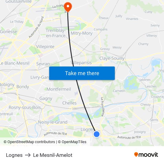 Lognes to Le Mesnil-Amelot map