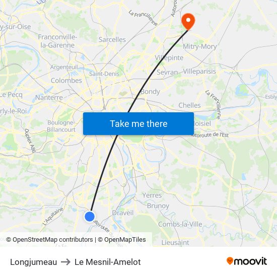 Longjumeau to Le Mesnil-Amelot map