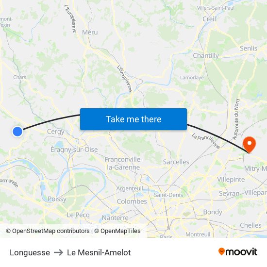 Longuesse to Le Mesnil-Amelot map