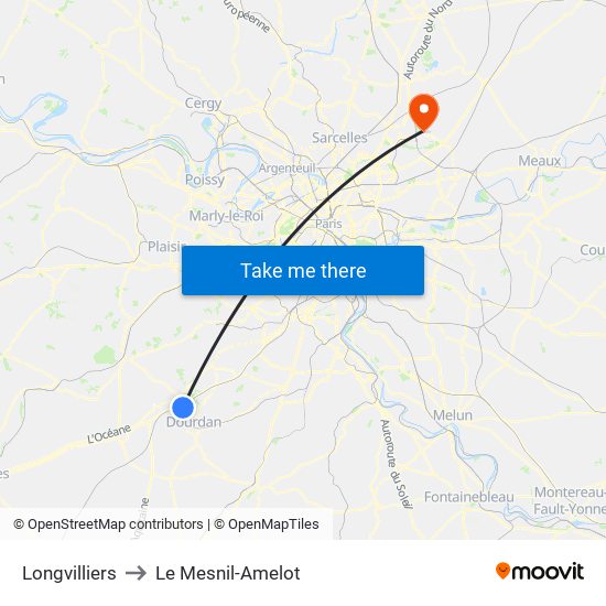 Longvilliers to Le Mesnil-Amelot map