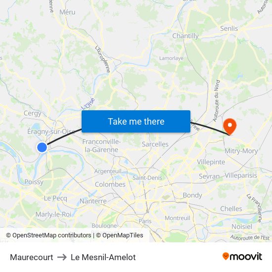 Maurecourt to Le Mesnil-Amelot map