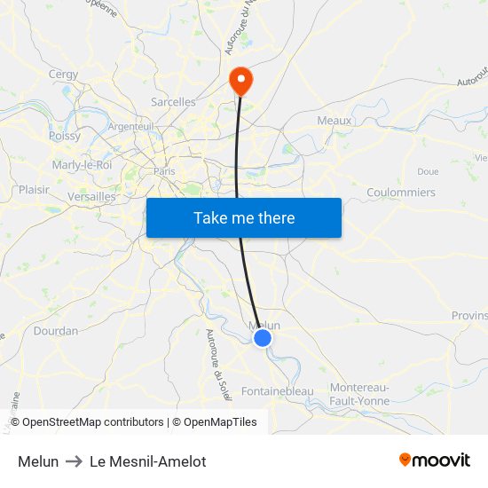 Melun to Le Mesnil-Amelot map