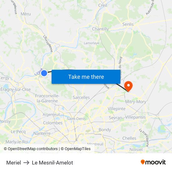 Meriel to Le Mesnil-Amelot map