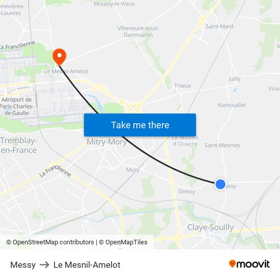 Messy to Le Mesnil-Amelot map