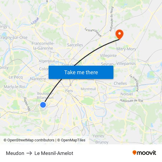 Meudon to Le Mesnil-Amelot map