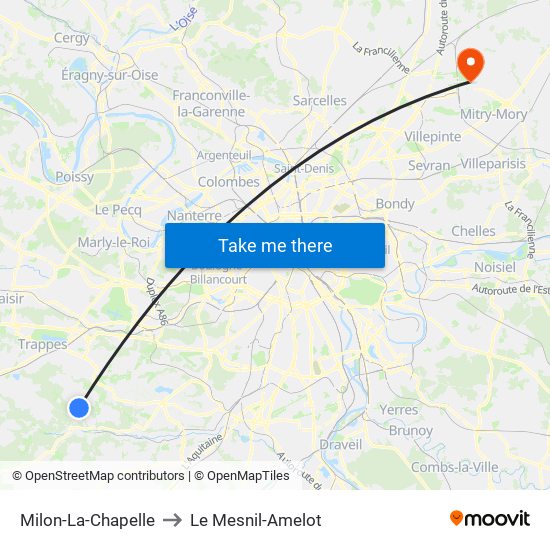 Milon-La-Chapelle to Le Mesnil-Amelot map