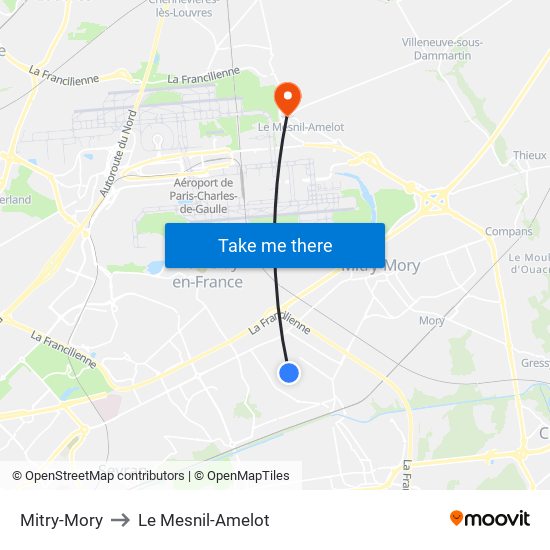 Mitry-Mory to Le Mesnil-Amelot map