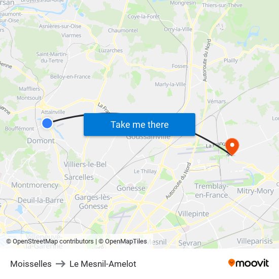 Moisselles to Le Mesnil-Amelot map