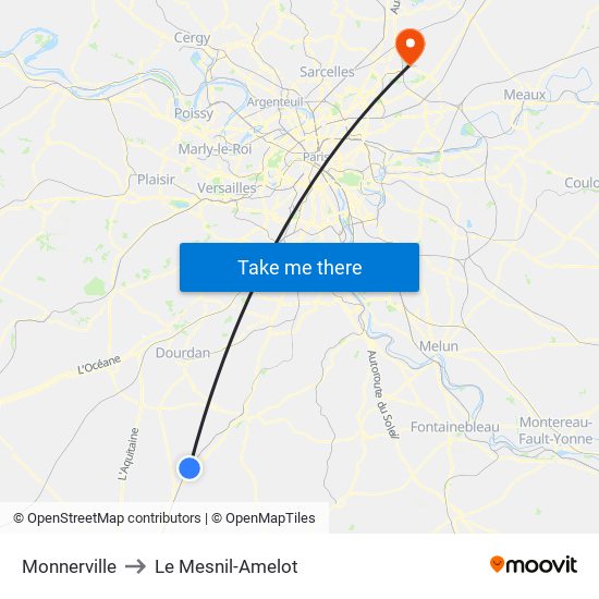 Monnerville to Le Mesnil-Amelot map
