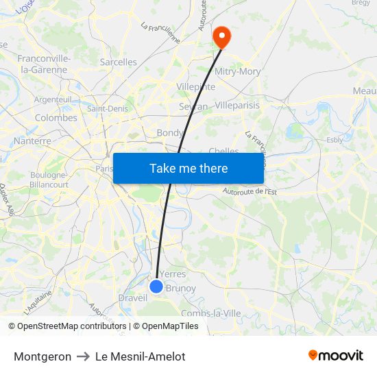 Montgeron to Le Mesnil-Amelot map