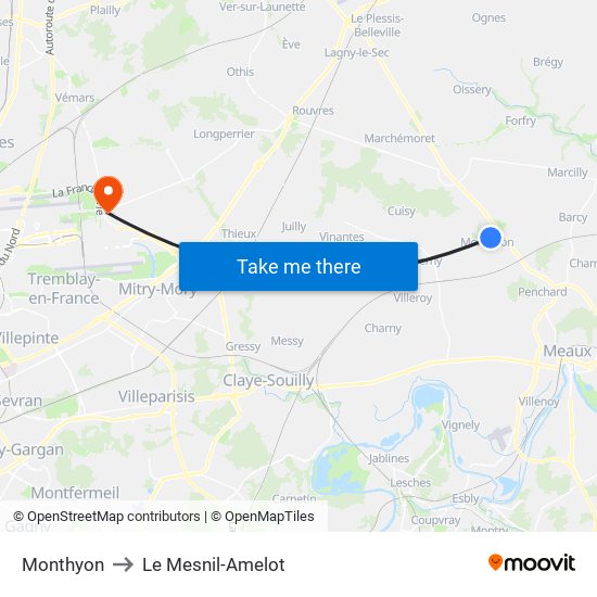 Monthyon to Le Mesnil-Amelot map