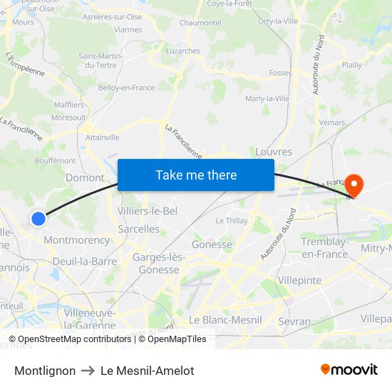 Montlignon to Le Mesnil-Amelot map