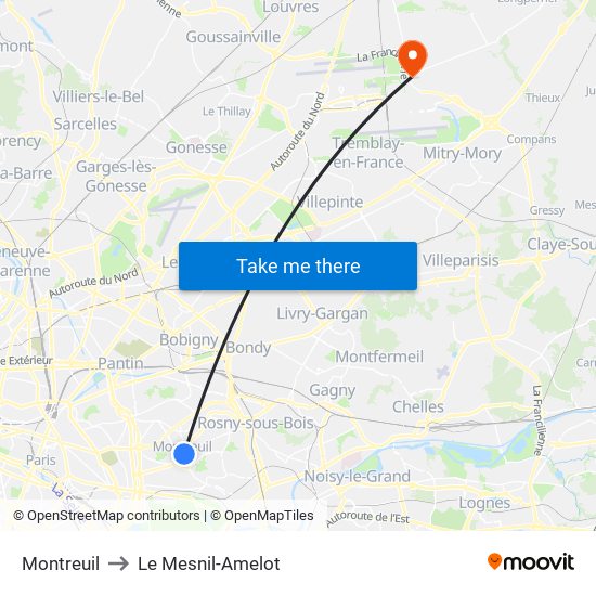 Montreuil to Le Mesnil-Amelot map