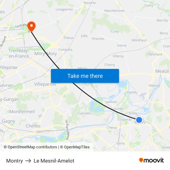 Montry to Le Mesnil-Amelot map