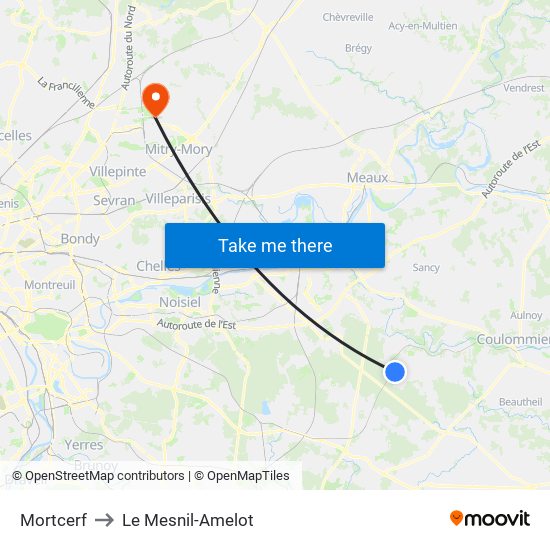 Mortcerf to Le Mesnil-Amelot map