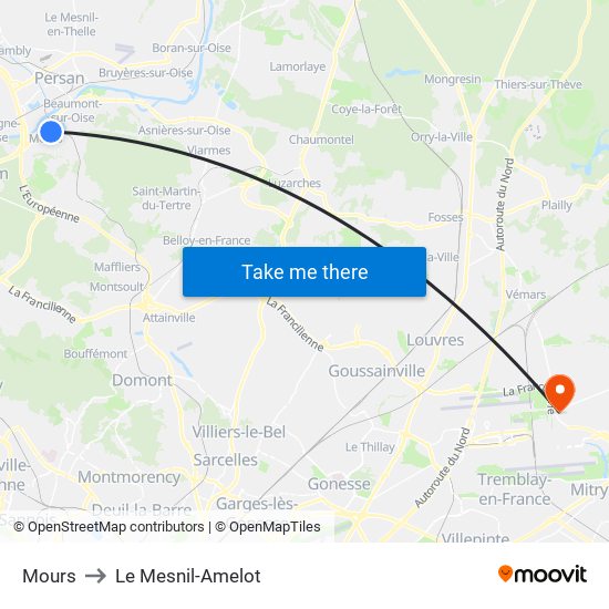 Mours to Le Mesnil-Amelot map