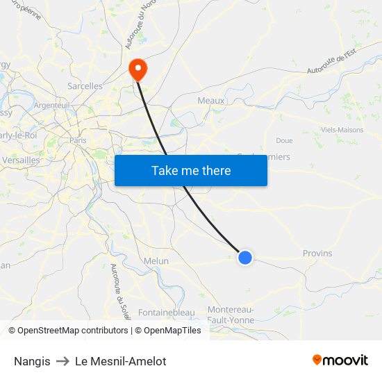 Nangis to Le Mesnil-Amelot map