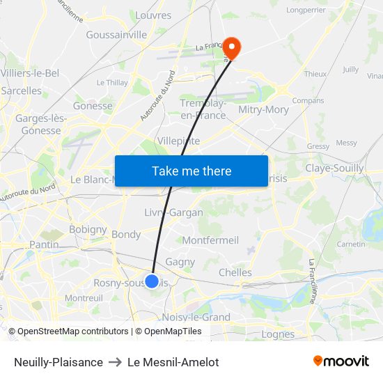 Neuilly-Plaisance to Le Mesnil-Amelot map