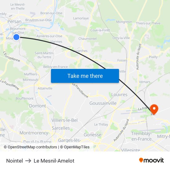 Nointel to Le Mesnil-Amelot map
