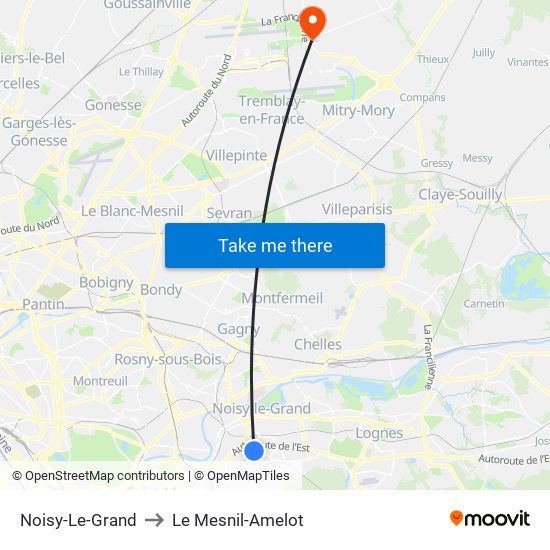 Noisy-Le-Grand to Le Mesnil-Amelot map