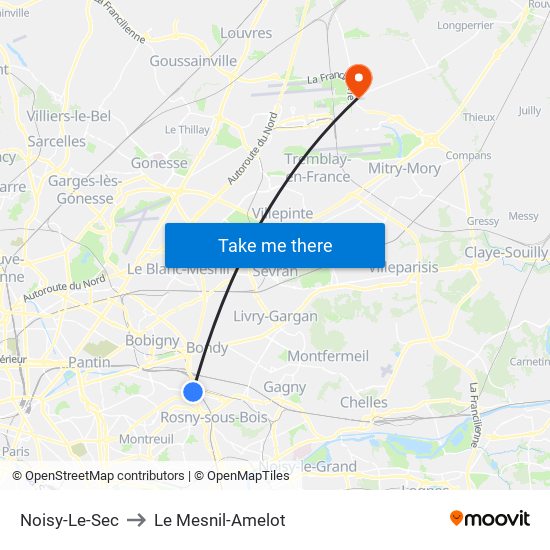 Noisy-Le-Sec to Le Mesnil-Amelot map