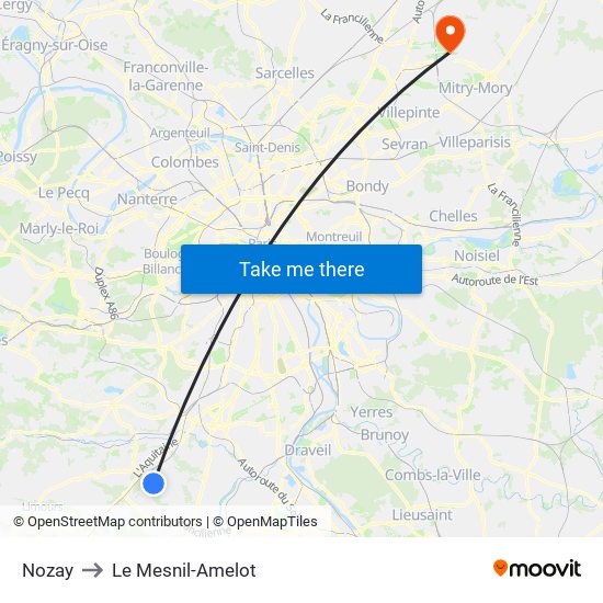 Nozay to Le Mesnil-Amelot map