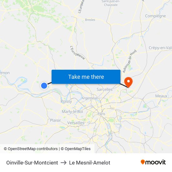 Oinville-Sur-Montcient to Le Mesnil-Amelot map