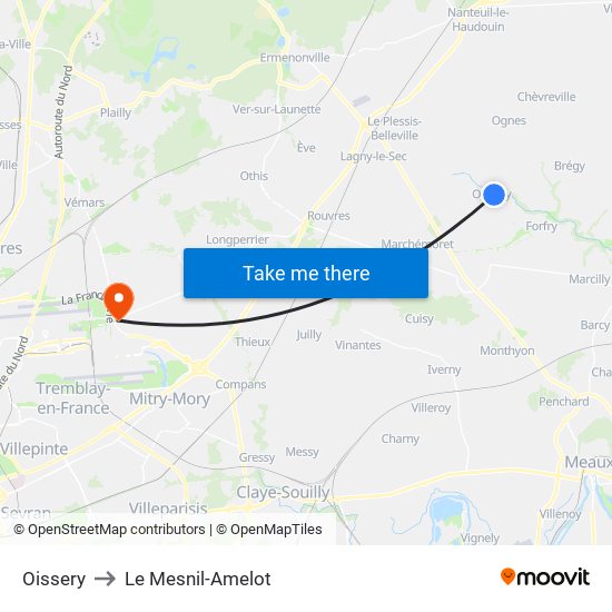 Oissery to Le Mesnil-Amelot map