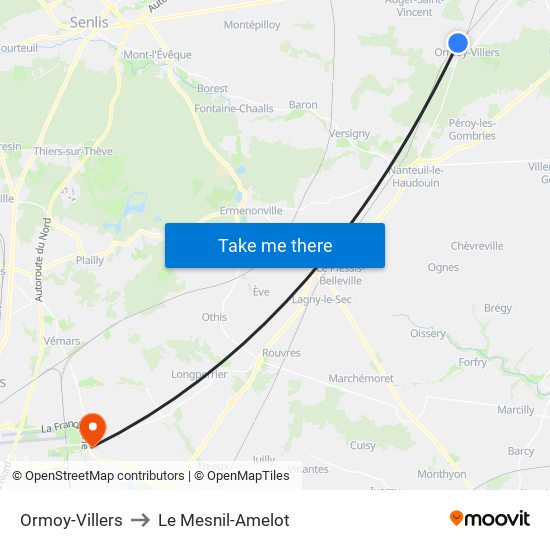 Ormoy-Villers to Le Mesnil-Amelot map
