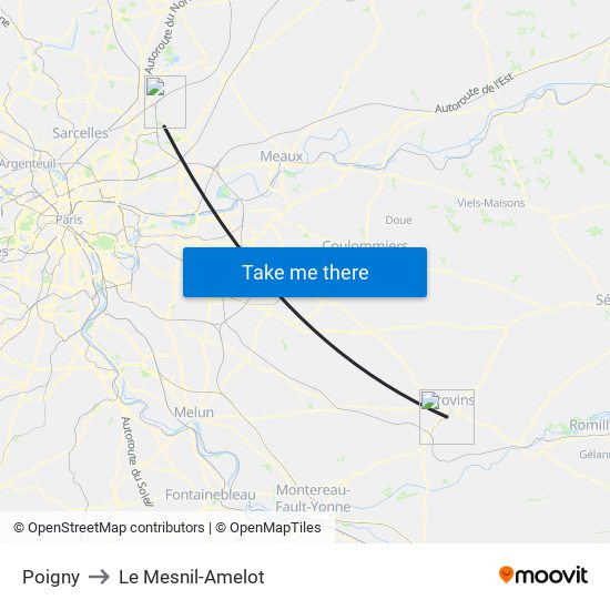 Poigny to Le Mesnil-Amelot map