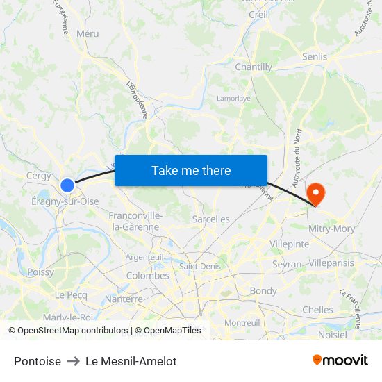 Pontoise to Le Mesnil-Amelot map