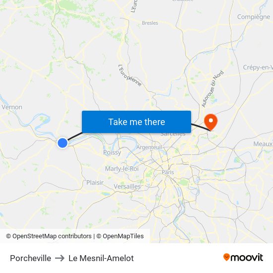 Porcheville to Le Mesnil-Amelot map