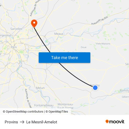 Provins to Le Mesnil-Amelot map