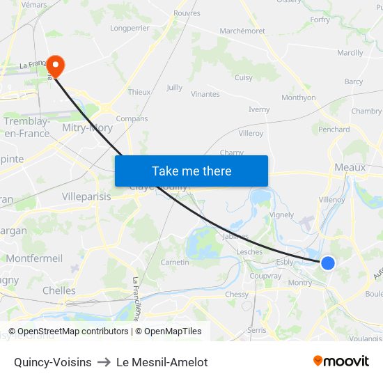 Quincy-Voisins to Le Mesnil-Amelot map