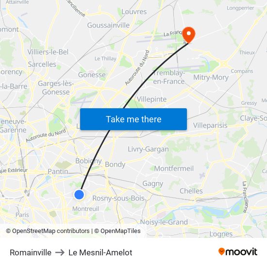 Romainville to Le Mesnil-Amelot map
