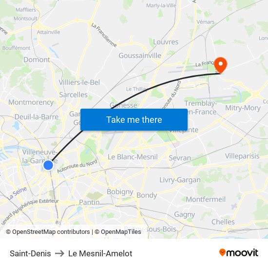 Saint-Denis to Le Mesnil-Amelot map