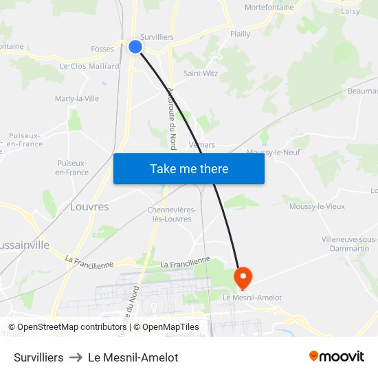 Survilliers to Le Mesnil-Amelot map