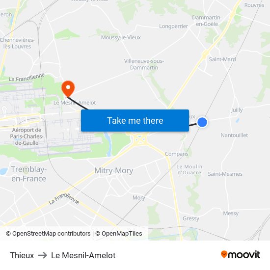 Thieux to Le Mesnil-Amelot map
