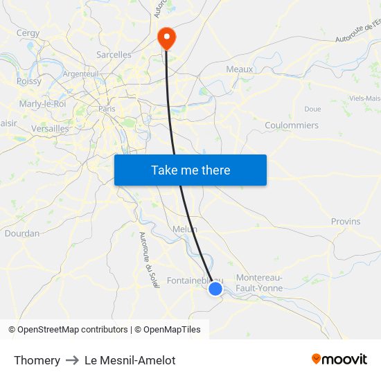 Thomery to Le Mesnil-Amelot map